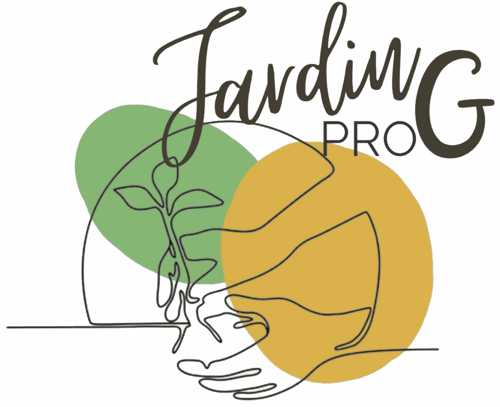 Jardin PRO G : Services de jardinage et paysagisme Logo Jardin PRO G : mains tenant un jeune plant, dessin au trait sur fonds vert et jaune.