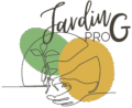Logo Jardin PRO G : mains tenant un jeune plant, dessin au trait sur fonds vert et jaune.