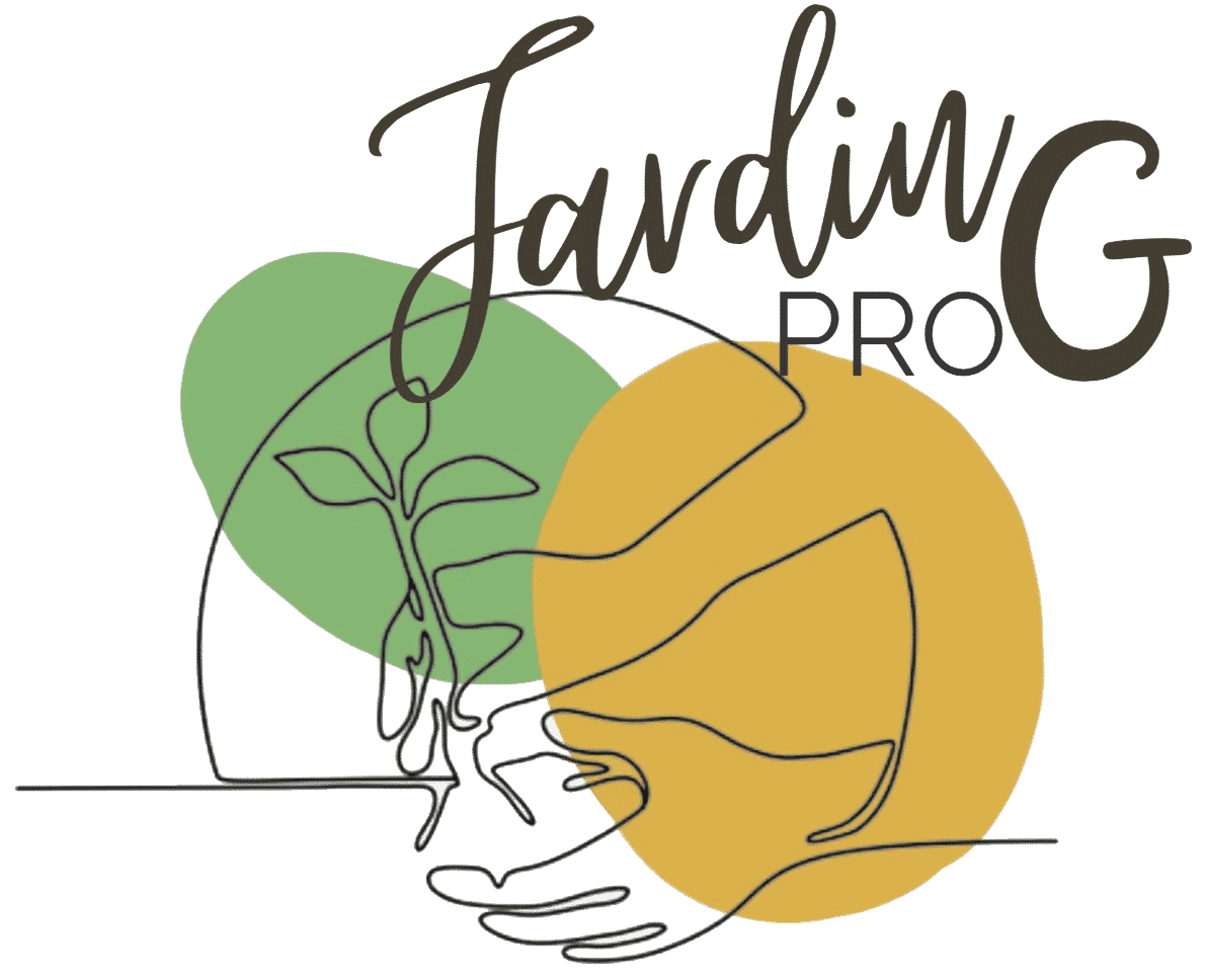 Logo Jardin PRO G : mains tenant un jeune plant, dessin au trait sur fonds vert et jaune.