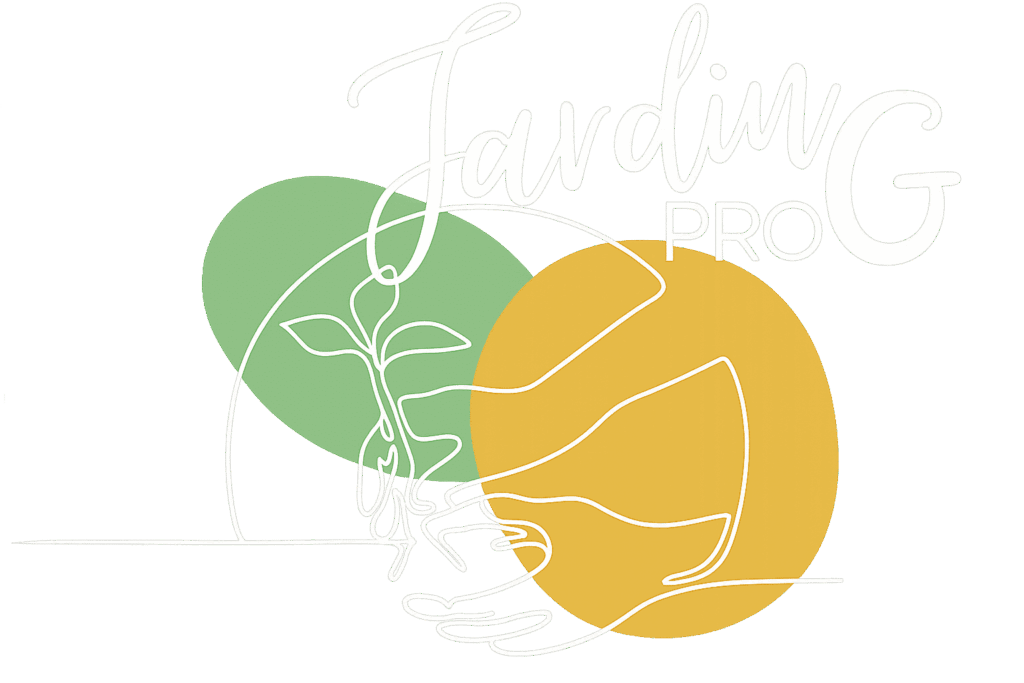 Jardin PRO G : Logo professionnel paysagiste et jardinage Logo Jardin PRO G : mains tenant une plante en dessin au trait blanc sur cercles vert et jaune.