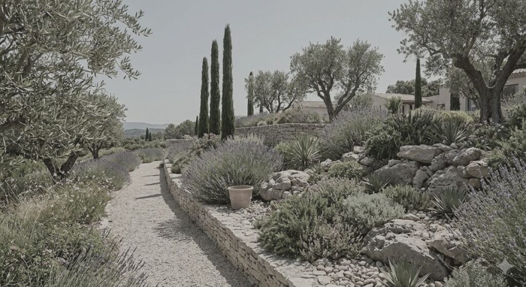 Jardin méditerranéen avec lavande, oliviers et cyprès le long d'un sentier de gravier et murets en pierre.