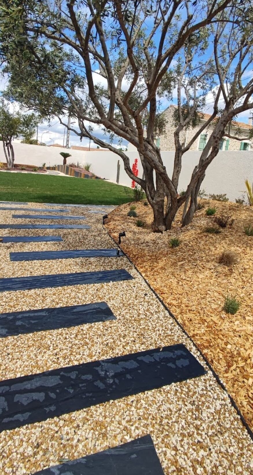 Allée moderne en ardoise et gravier avec olivier par Jardin pro G dans un jardin paysager.