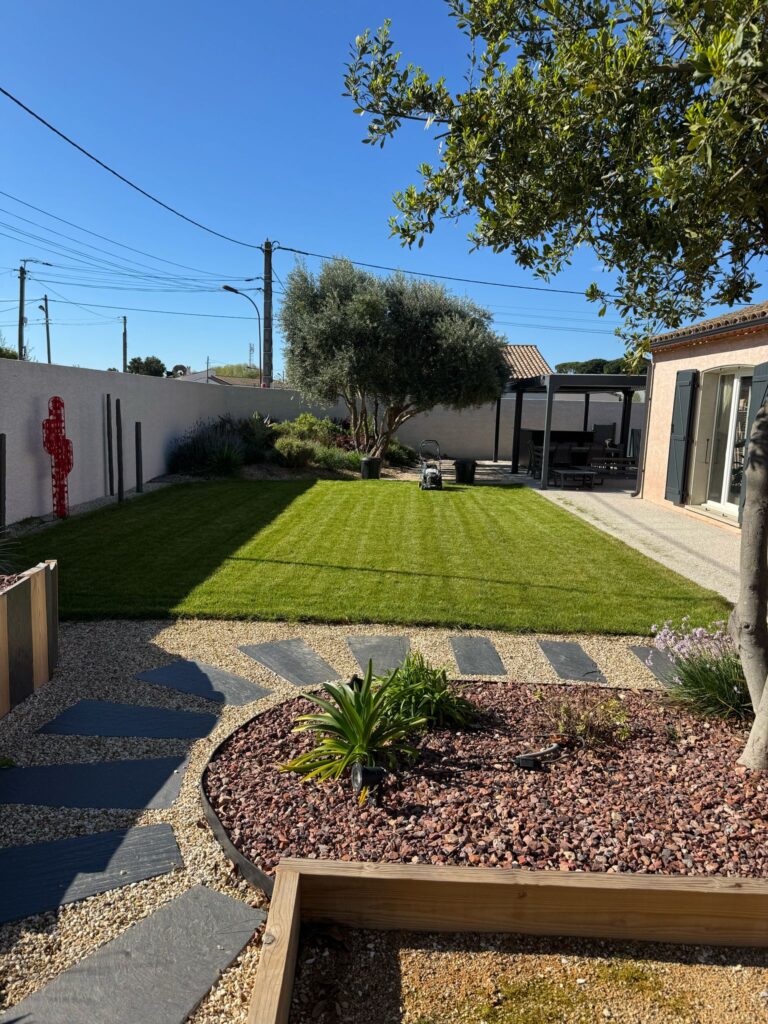 Jardin moderne avec pelouse tondue, chemin en ardoise, olivier et sculpture de cactus rouge sous ciel bleu.